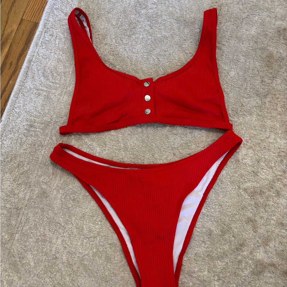 Revamped red ribbed bikini with Henley buttons size medium